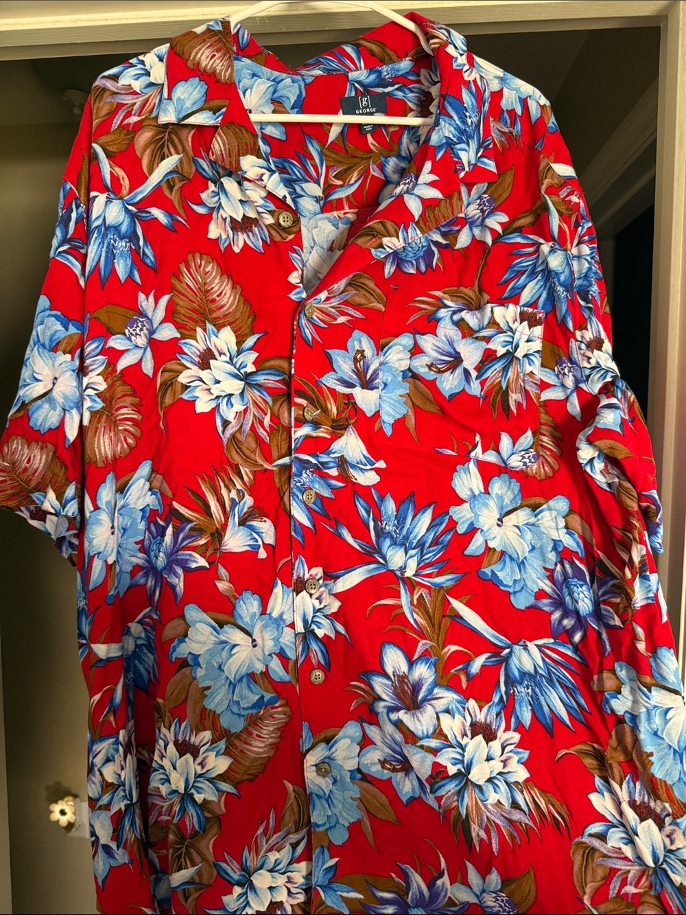 George Red Hawaiian Floral Button-Down Shirt with Blue & Brown Accents